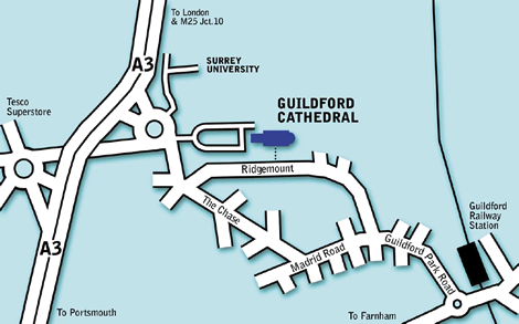 Map showing the location of Guildford Cathedral