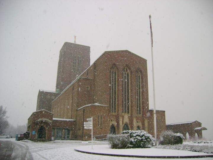 cathedral during a snow fall