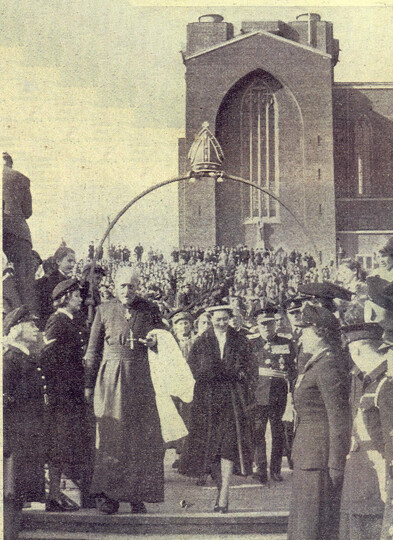 Photograph of Princess Margaret and Bishop Montgomery-Campbell with the uncompleted Cathedral in the background